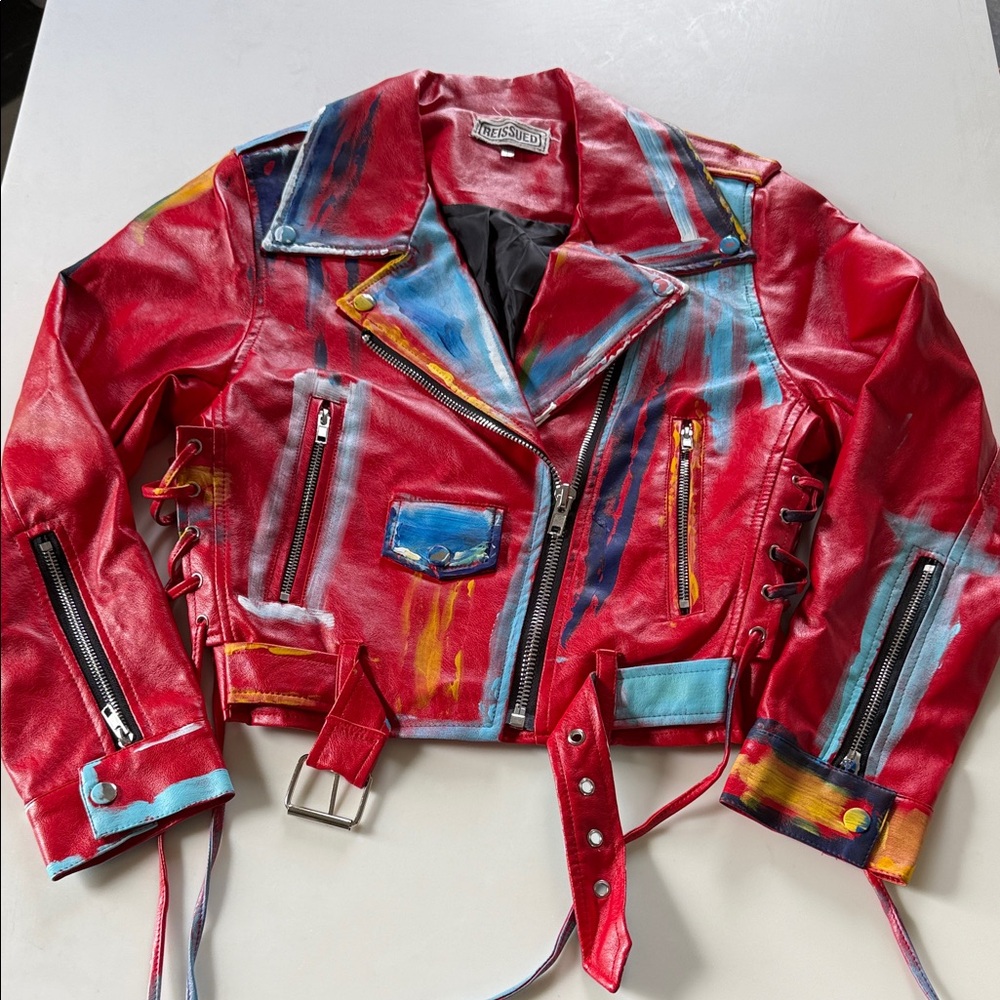 Hand Painted Red Faux Leather Biker Jacket Women’s XS - Picture 3 of 6